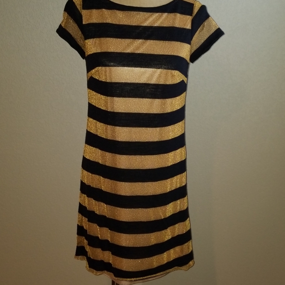 Navy and gold metallic shift dress